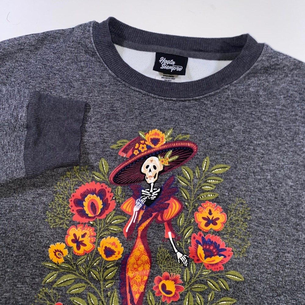 Hasta Siempre La Catrina Heather Grey Graphic Sweatshirt XL Dia de los Muertos
